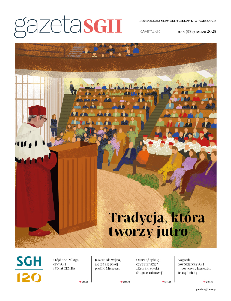 aula główna podczas inauguracji, rektor za mównicą i pełna sala - rysunek