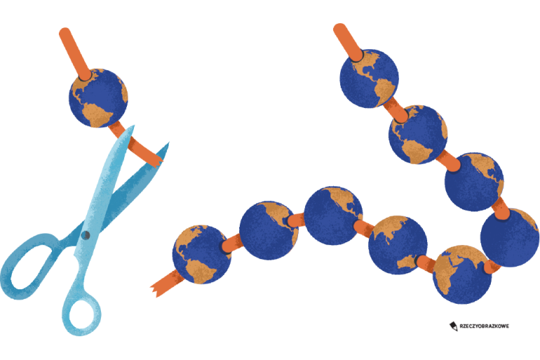 kule ziemskie nawleczone na sznurek, który jest przecięty nożyczkami