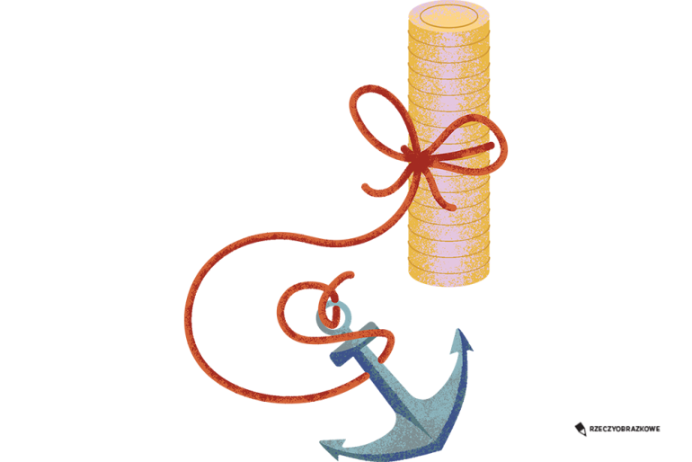 stos monet związanych sznurkiem i przyczepionych do kotwicy