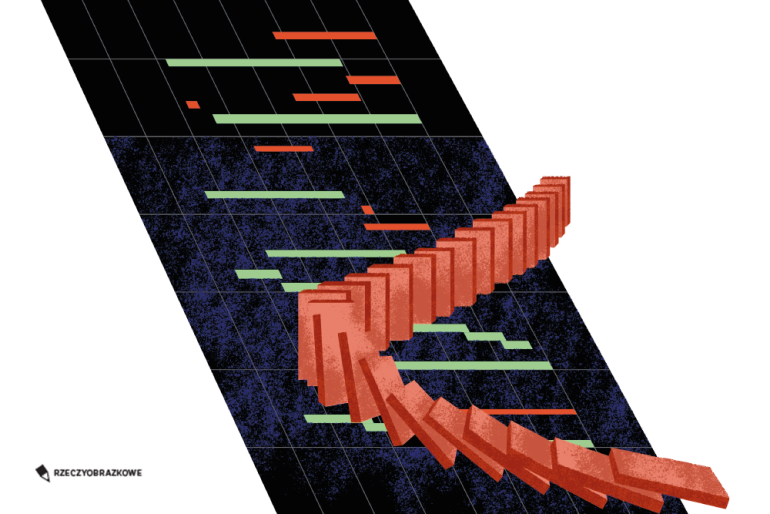 ceglaste klocki domino  na granatowej kartce