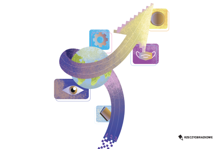 kolorowa strzałka okalająca kule ziemska i kwadraty z symbolami: oko,  śruba, maseczka, koło