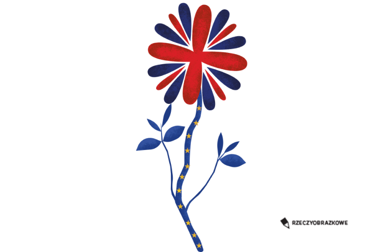 kwiatek stylizowany na flagę angielską z łodygą granatową w gwiazdki