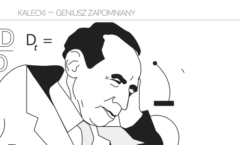 grafika przedstawiająca prof. Kaleckiego z napisem Kalecki - geniusz zapomniany