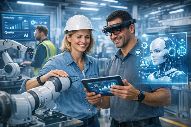 ludzie pracujący z robotami 