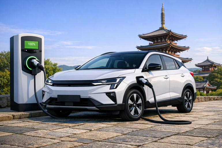 rysunek AI samochód podłączony do ładownia w tle pagoda