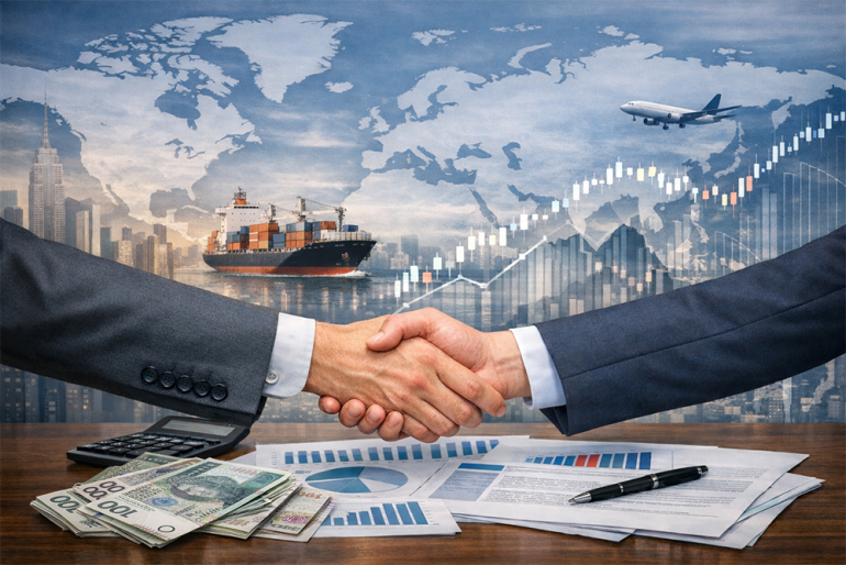 uściśnięte dłonie na tle dokumentów, statków, wykresów - obraz wygenerowany przez AI 