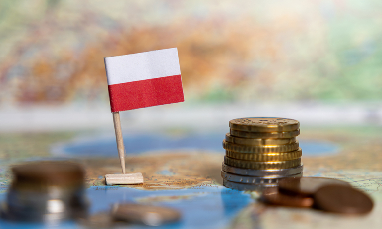 na tle mapy flaga polska i monety ułożone w stos