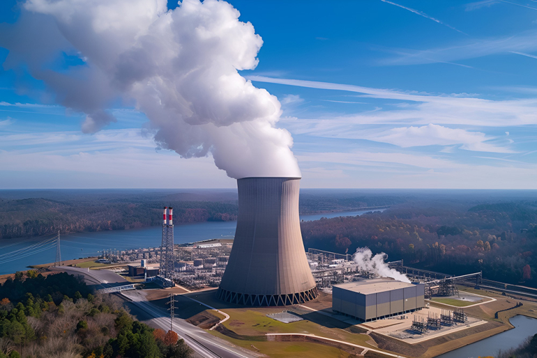 Elektrownia jądrowa z chłodnią kominową emitującą parę wodną, otoczona naturalnym krajobrazem i rzeką. 