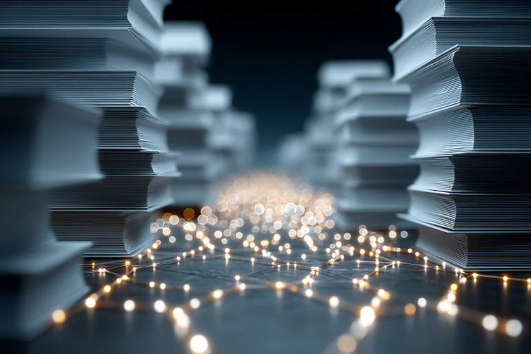 stosy książek i przenikające przez nie światło