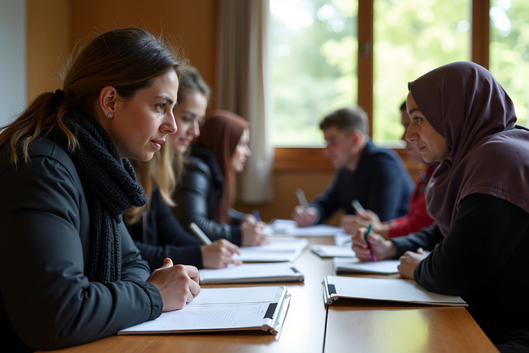 na zdjęciu osoby siedzące przy stole i rozmawiające