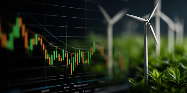 wykresy wyników finansowych i w tle wiatraki