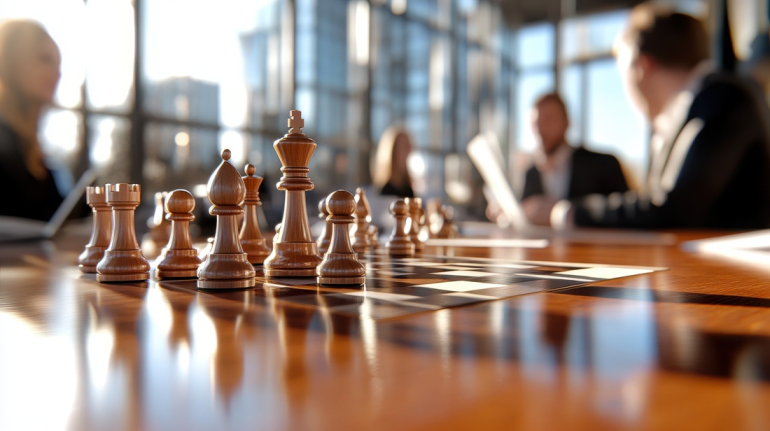 zarząd siedzi przy stole, na którym są ustawione szachy