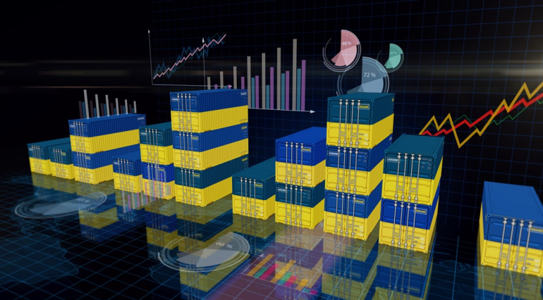 słupki w barwach flagi ukraińskiej na wykresie