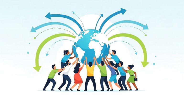 grafika, ludzie trzymający kuję ziemską