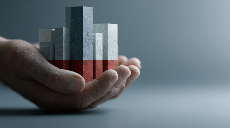 dłoń trzymająca klocki różnej wielkości w kolorze białoczerwonym