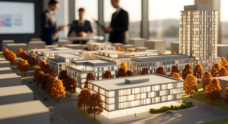 Model architektoniczny nowoczesnej miejskiej zabudowy z ludźmi w tle