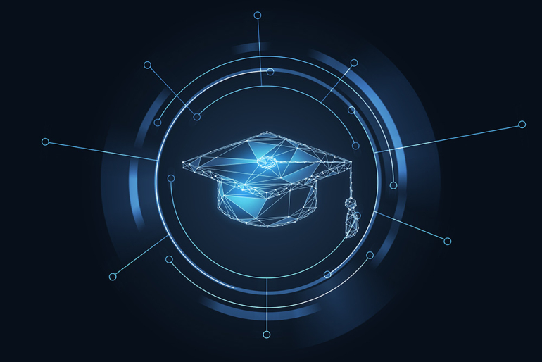 Koncepcja edukacji, ilustracja hologramu. Nauka online. Rendering 3D.