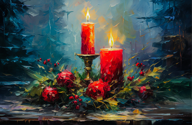 Dwie czerwona, płonące, świąteczne świece ze stroikiem. Farba olejna