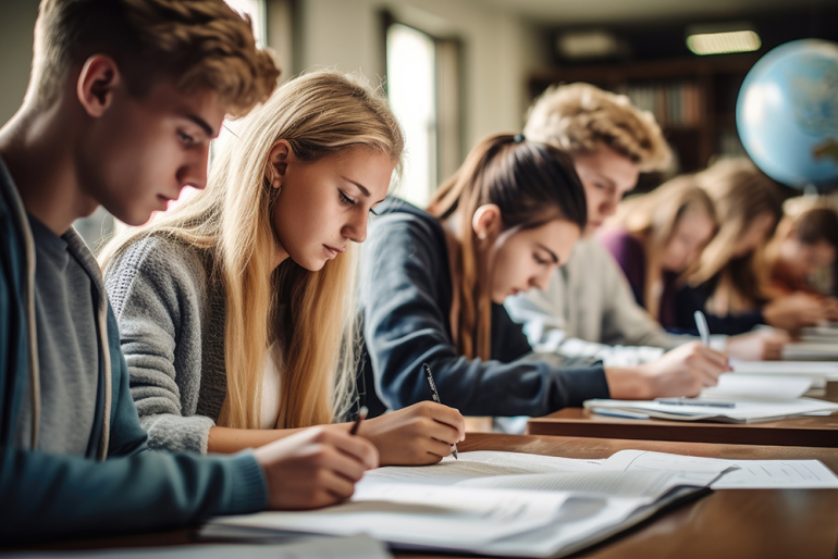 studenci siedzący przy stole w czasie wykładów