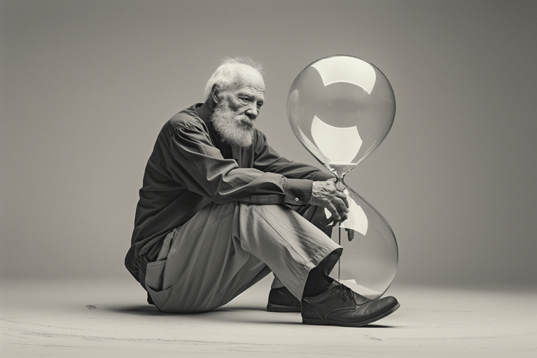 stary człowiek obejmujący szklaną klepsydrę