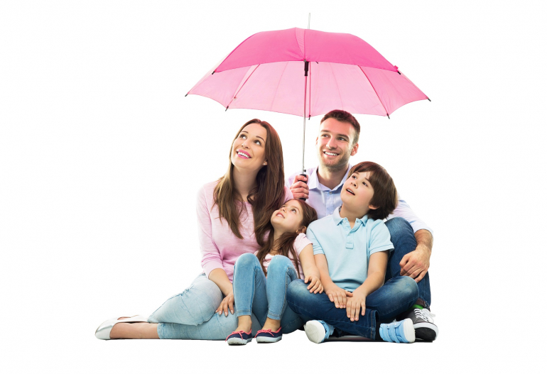 grafika kolorowa. Rodzina pod różowym parasolem