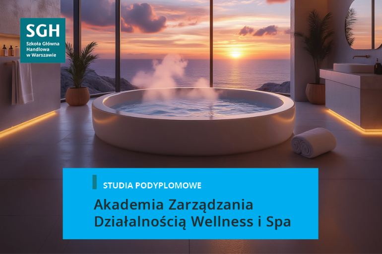 zdjęcie spa z niebieskim tłem na dole i podpis: studia podyplomowe Akademia Zarządzania Działalnością Wellness i SPA