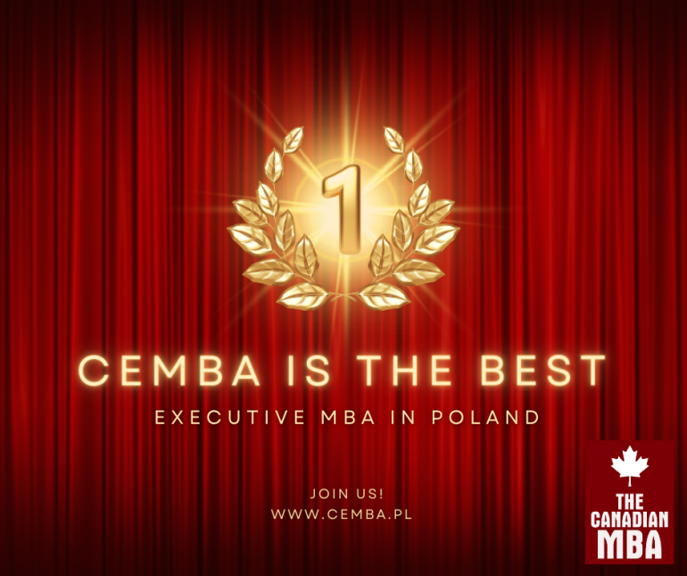 na bordowym tle złoty napis CEMBA is the best