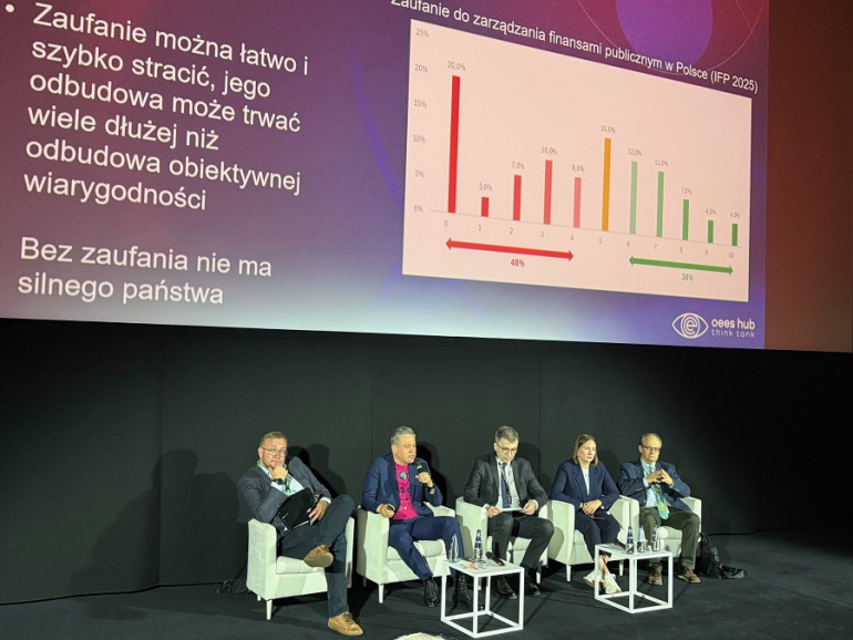 kilka osób siedzi na scenie podczas konferencji 