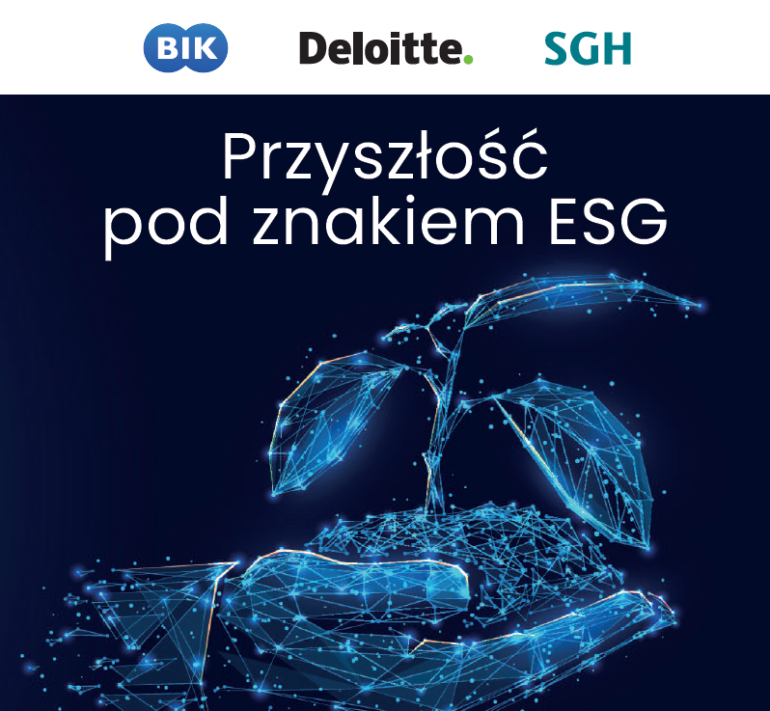 grafika na granatowym tle diodowy obrys otwartek dłoni trzymającej roślinę; u góry trzy BIK Deloitte i SGH oraz napis "przyszłośc pod znakiem ESG"