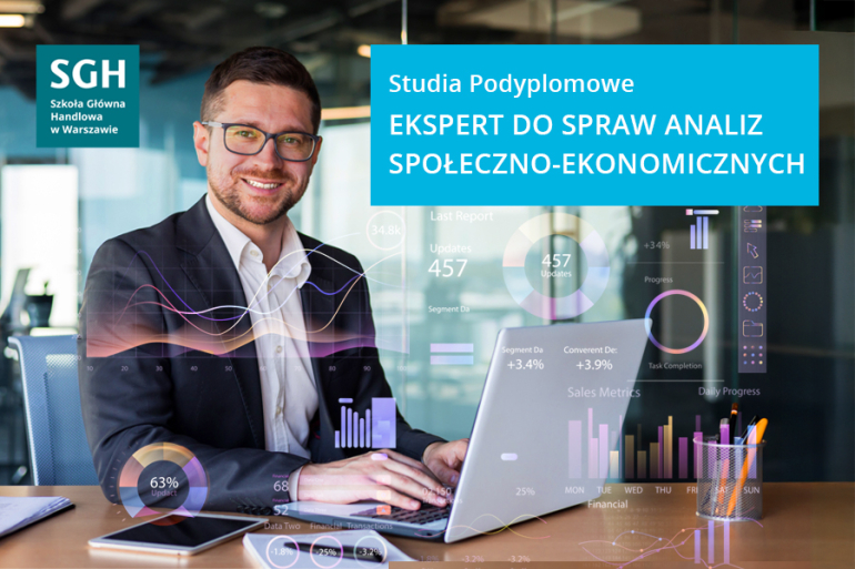 grafika przedstawiająca na zdjęciu mężczyznę przy laptopie; po prawej stronie napis Studia podyplomowe Ekspert analiz społeczno-ekonomicznych 