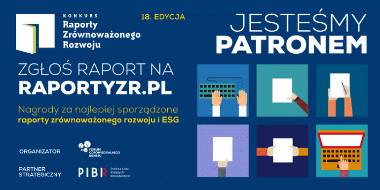 na granatowym tle po lewej stronie sześć grafik, nad nimi napis "Jesteśmy patronem"