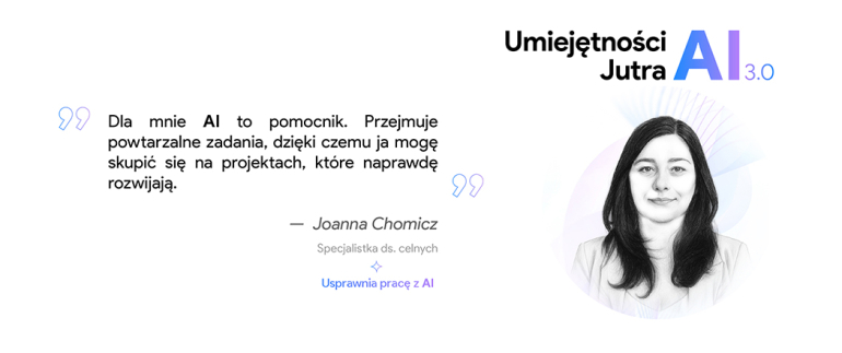 na białym tle grafizowana twarz kobiety i cytat, u góry napis: Umiejętności Jutra: AI