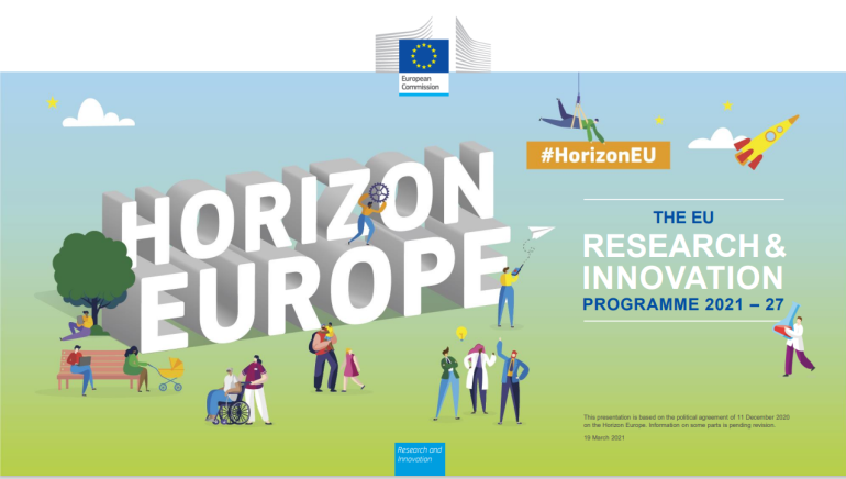 na niebiesko-zielonym tle napis: Horizon Europe