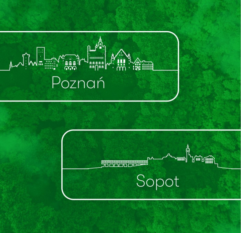 na zielonym tle zarysy miast: Poznania i Sopotu z podpisami