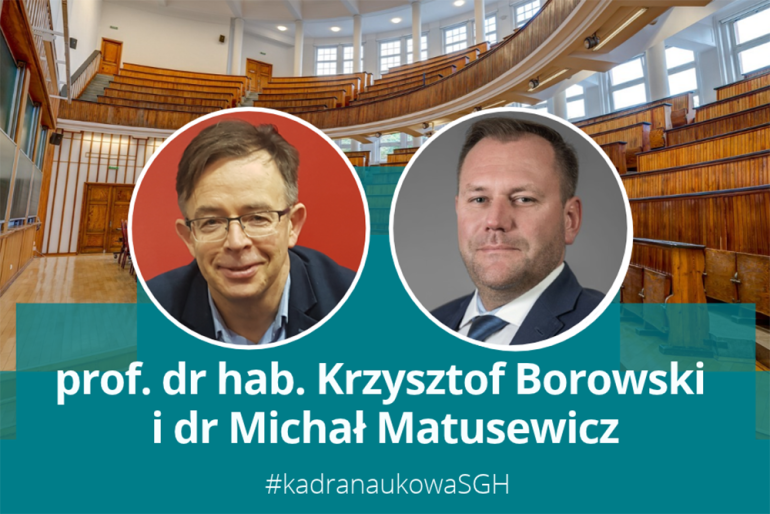 grafika: dwa zdjęcia w okrągłych ramkach w tle uczelniana aula