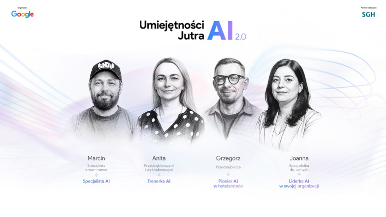 na białym tle narysowane popiersia czworga postaci, w górnych rogach loga SGH i Google