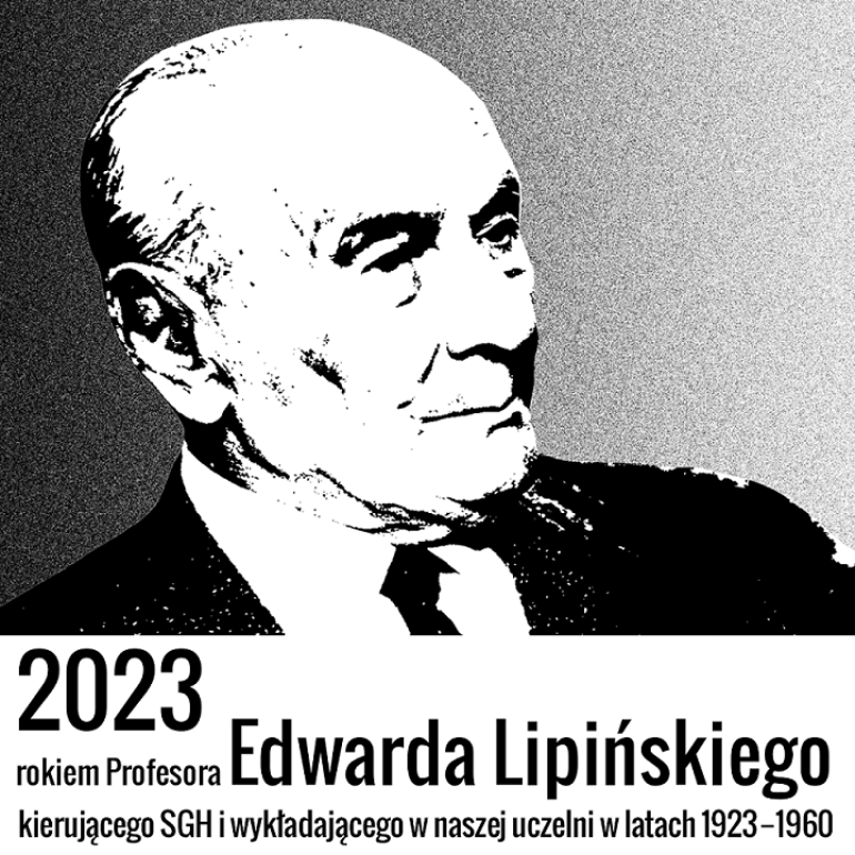 czarno-biała grafika twarz mężczyzny, pod spodem napis 2023 rokiem Edwarda Lipińskiego