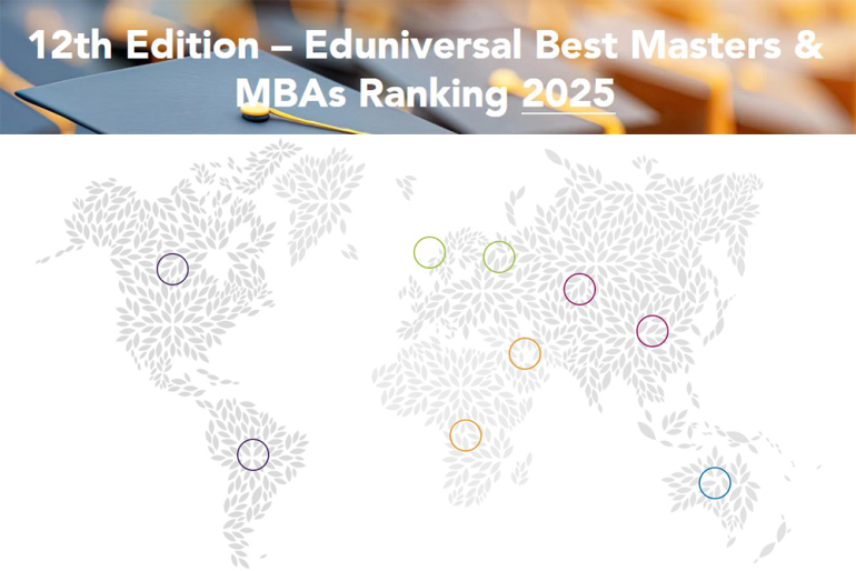 na białym tle zarys mamy świata, u góry kolorowa belka z napisem MBA ranking