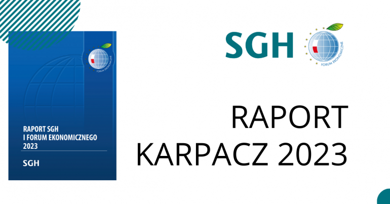 grafika przedstawiająca publikację "Raport SGH i Forum ekonomicznego 2023"; obok na białym tle loga SGH i FE, pod spodem napis: Raport Karpacz 2023