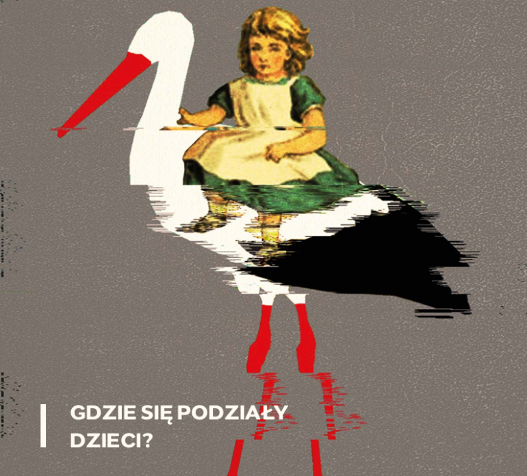 na szarym tle: grafika przedstawiająca małą dziewczynkę na bocianie