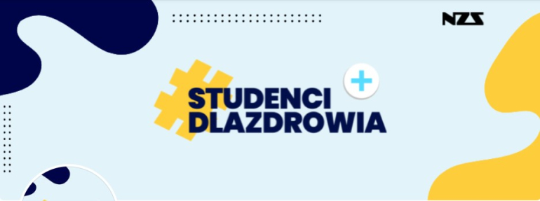 na niebieskim tle napis Studenci dla zdrowia; w prawym górnym rogu logo NZS