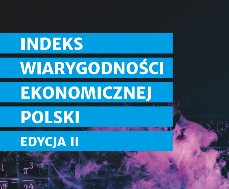 na czernym tle z przebijająca sie glową w kolorze fioletowym na niebieskich paskach napis: Indeks Wiarygodności Ekonomicznej Polski edycja II
