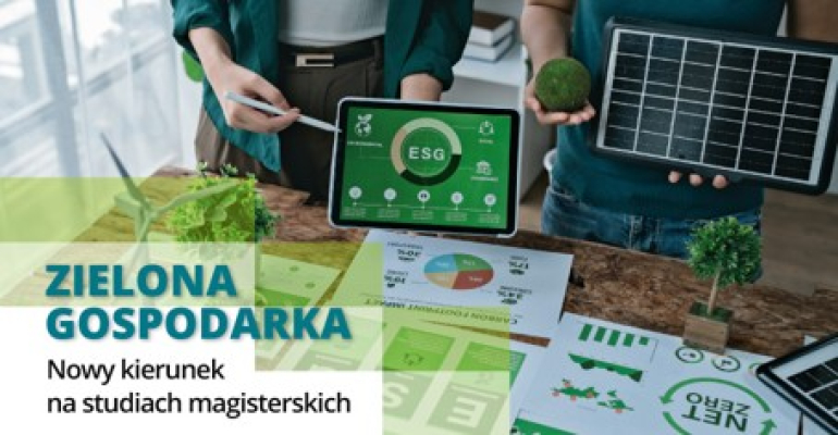 grafika przedstawiająca osobę trzymającą tablet i napis „Zielona gospodarka - nowy kierunek na studiach magisterskich"