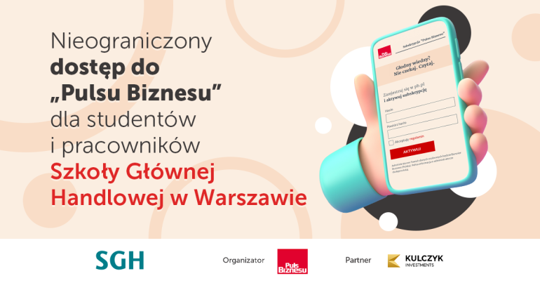 Grafika przedstawiająca trzymany w dłoni telefon komórkowy oraz napis nieograniczony dostep do pulsu biznesu dla studentów i pracowników Szkoły Głównej Handlowej w Warszawie