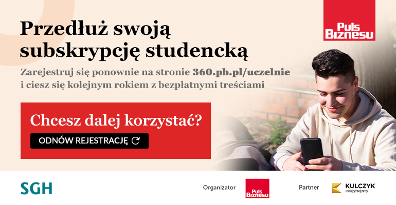 na zdjęciu mężczyzna trzymający komórkę w dłoni oraz napis Przedłuż swoją subskrypcję studencką