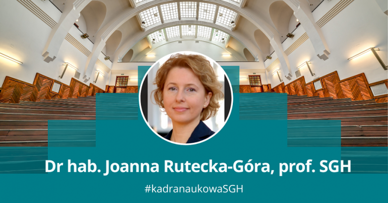 grafika obrazująca zdjęcie portretowe kobiety w okrągłej ramce na tle jednej z uczelnianych auli; podpis: dr hab. Joanna Rutecka-Góra, prof. SGH