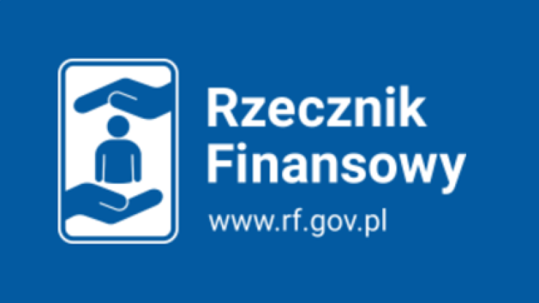 na niebieskim tle napis Rzecznik Finansowy i logo