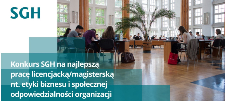 grafika z logiem SGH w lewym górnym rogu na zdjęciu ze studentami w bibliotece