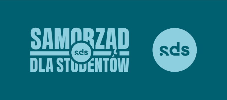 grafika na turkusowym tle błękitny napis Samorząd DLA Studentów