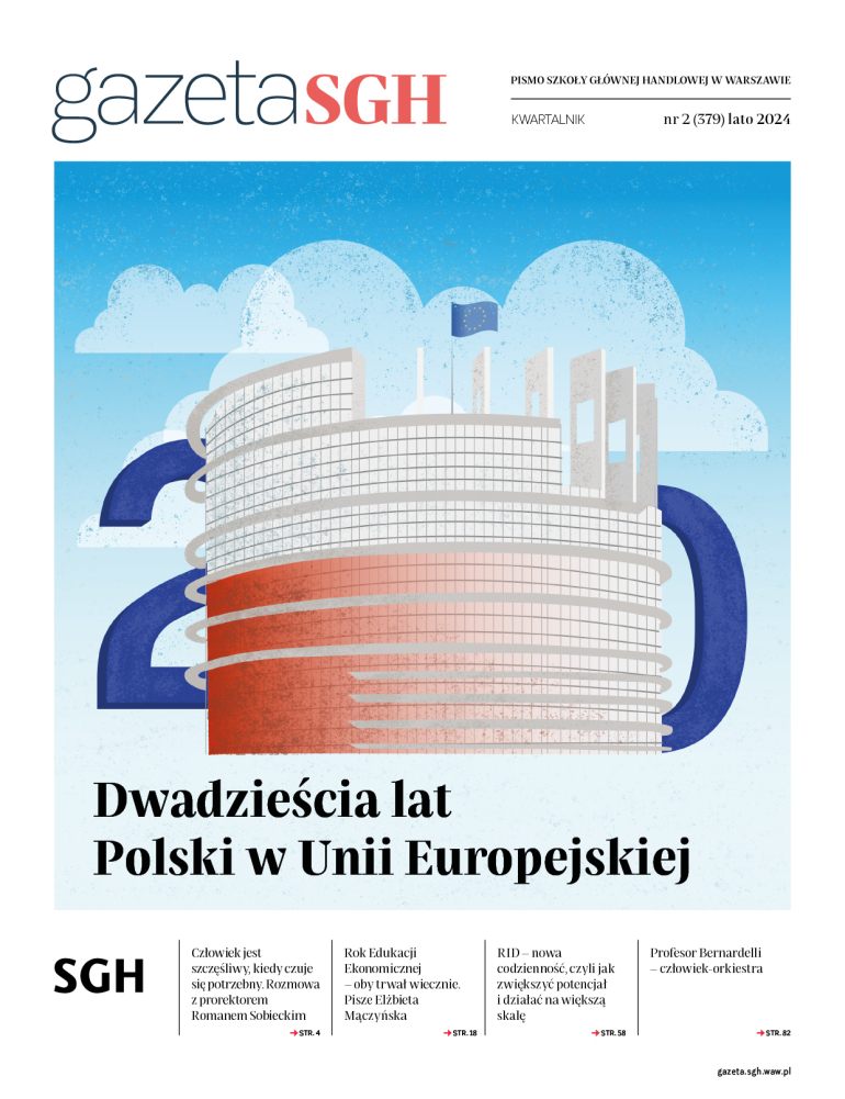 Okładka Gazety SGH nr 379 lato 2024. Na okładce graficzne przedstawienie Parlamentu Europejskiego w kolorze biało-czerwonym, w tle 20.